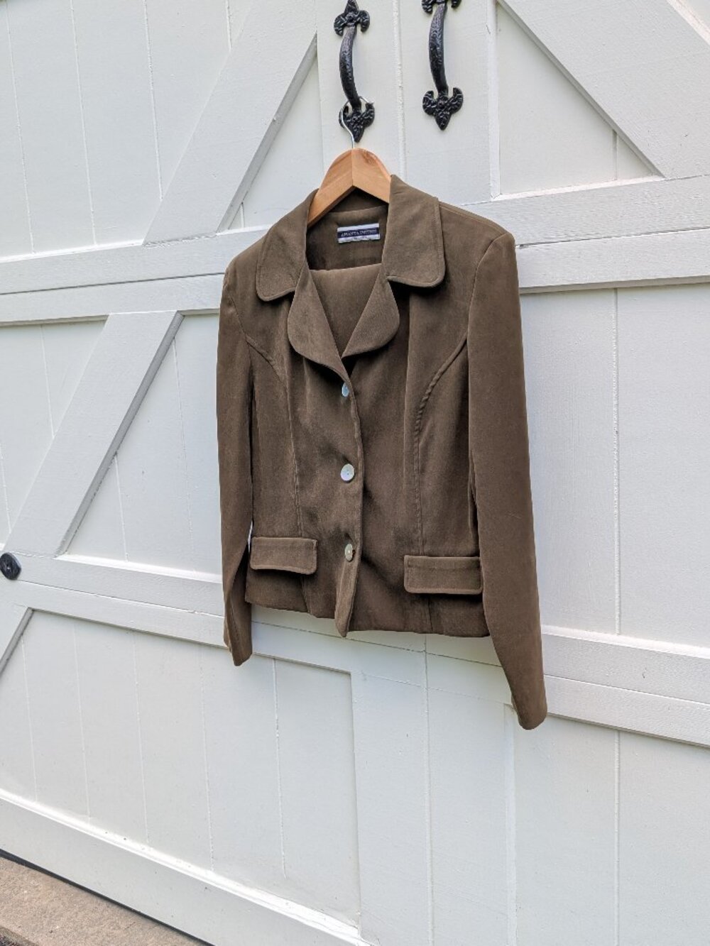Vintage 90s Amanda Smith II Olive Brown Faux Suede Skirt Suit Set (Size 6)